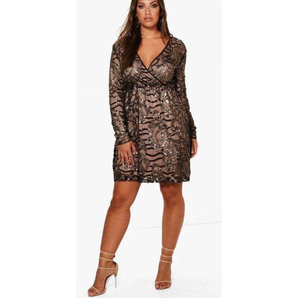 NWT boohoo Two Tone Wrap Sequin Dress Black US 12 Stretchy Glams Party Brunch